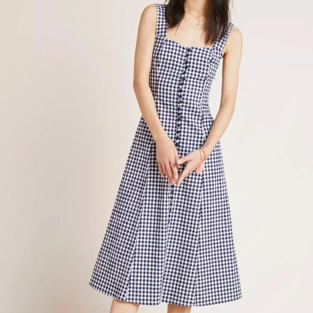 NWOT New Anthropologie Women's Gingham Midi Dress 4 Petite Seen Worn Kept Straps - Picture 1 of 8
